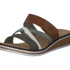 Damen Rieker Pantoletten & Badeschuhe<V3652, Plateau-Pantoletten, Damen, Braun / Weiß / Olive