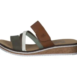 Damen Rieker Pantoletten & Badeschuhe<V3652, Plateau-Pantoletten, Damen, Braun / Weiß / Olive