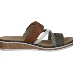 Damen Rieker Pantoletten & Badeschuhe<V3652, Plateau-Pantoletten, Damen, Braun / Weiß / Olive