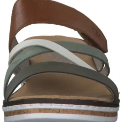 Damen Rieker Pantoletten & Badeschuhe<V3652, Plateau-Pantoletten, Damen, Braun / Weiß / Olive