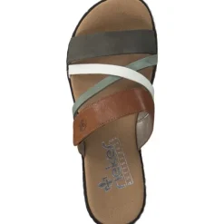 Damen Rieker Pantoletten & Badeschuhe<V3652, Plateau-Pantoletten, Damen, Braun / Weiß / Olive